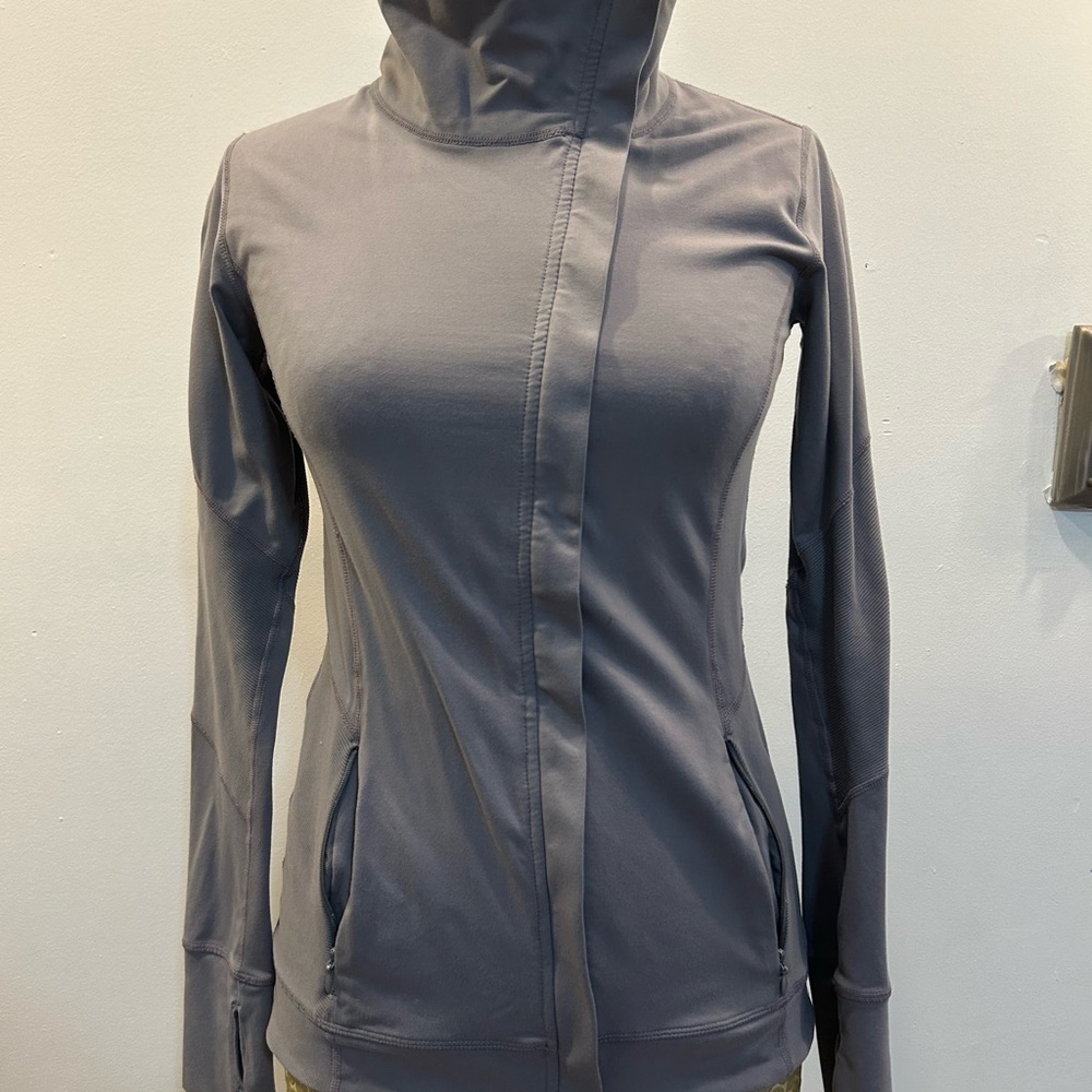Gray Athletic Jacket with Asymmetrical Zipper and High Collar
